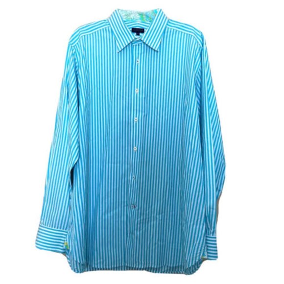 Lilly Pulitzer via Palm Beach Aqua Stripe Long Sleeve Dress Shirt - Picture 2 of 10